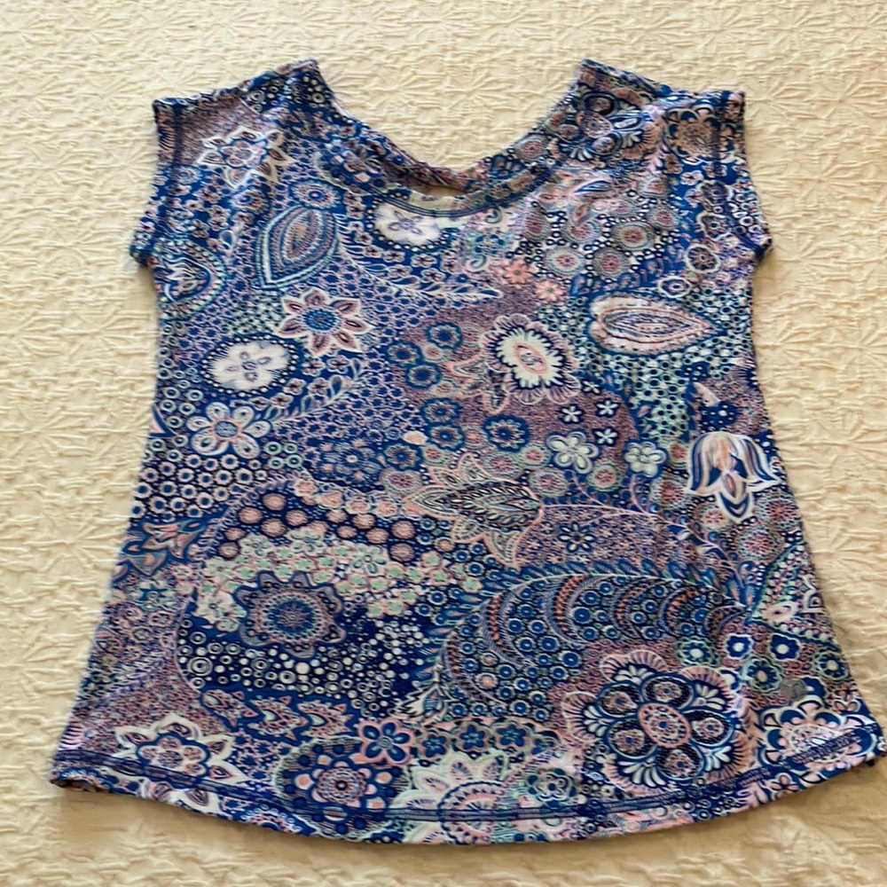 Fun T by Talbots raglan sleeve top with twisted back and blue stitching
